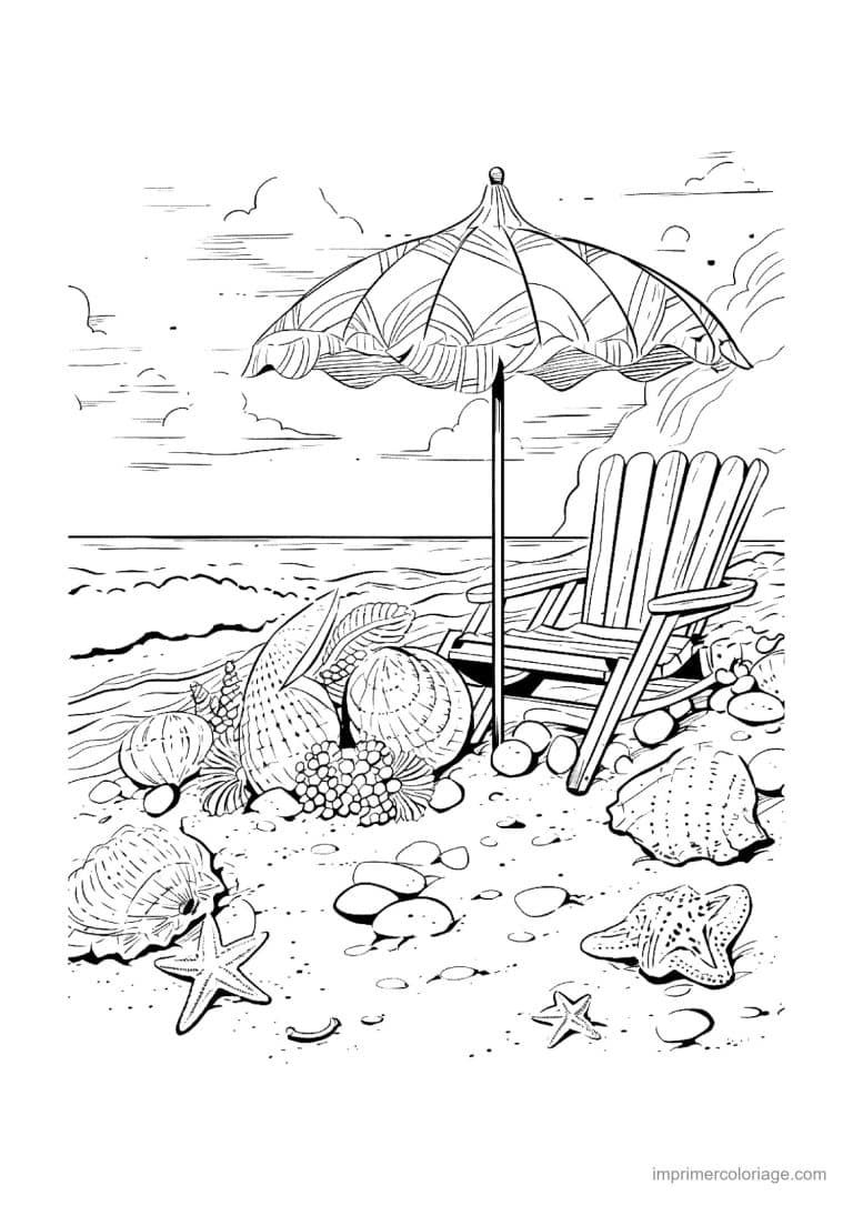 coloriage coquillage transat et coquillages sur la plage - dessin gratuit &agrave; imprimer