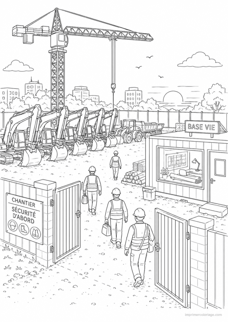 coloriage engin chantier scene fin journee - dessin gratuit &agrave; imprimer