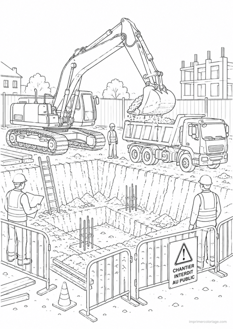 coloriage engin chantier scene fondations fouille - dessin gratuit &agrave; imprimer