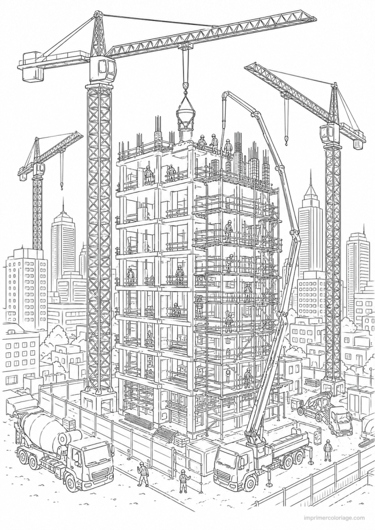 coloriage engin chantier scene gratte ciel - dessin gratuit &agrave; imprimer