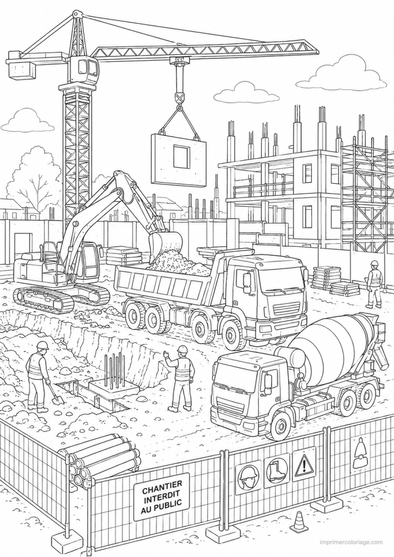 coloriage engin chantier scene multiple machines - dessin gratuit &agrave; imprimer