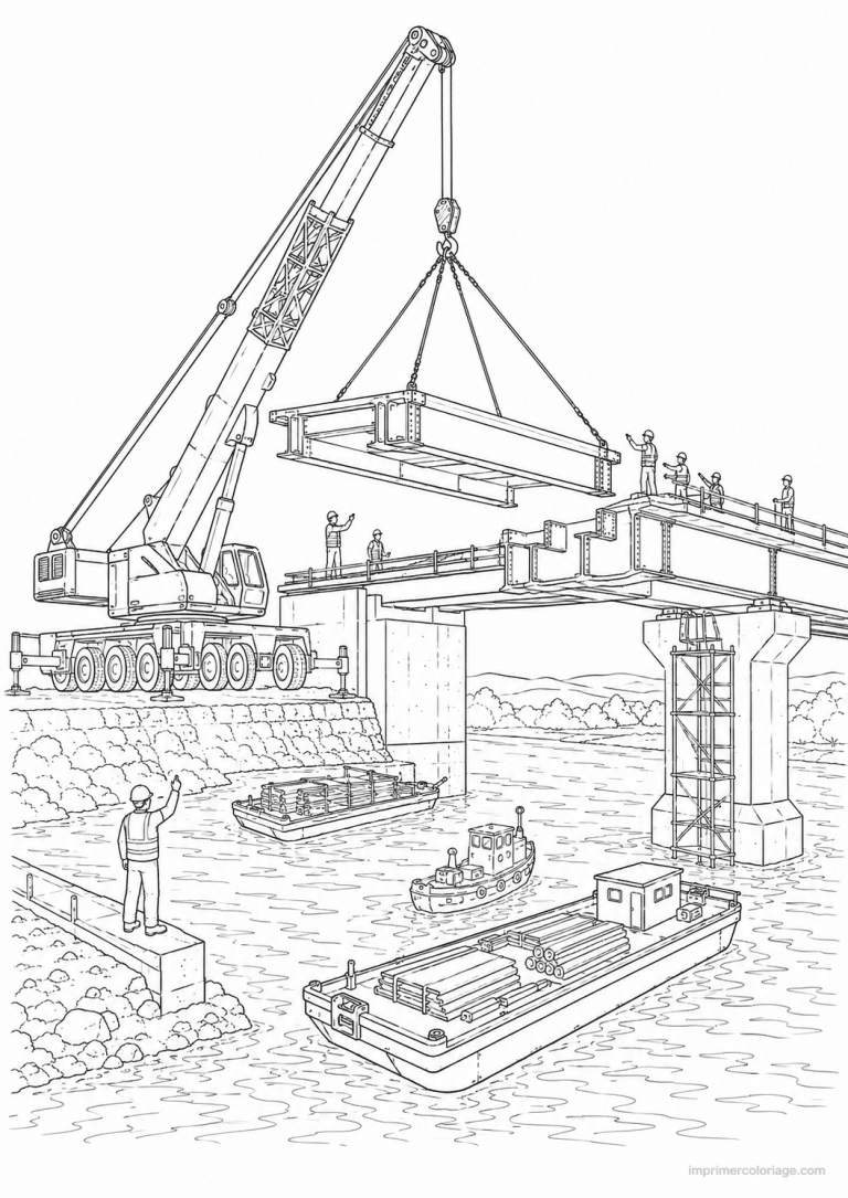 coloriage engin chantier scene pont construction - dessin gratuit &agrave; imprimer