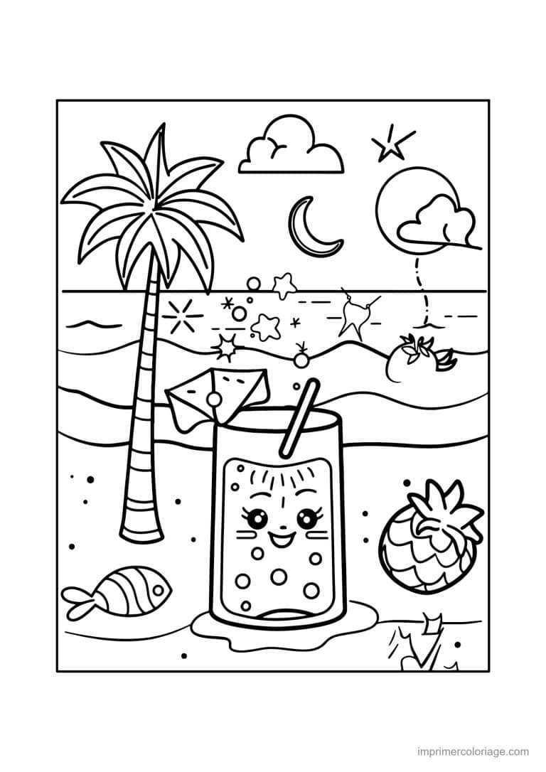 coloriage ete cocktail plage ananas - dessin gratuit &agrave; imprimer
