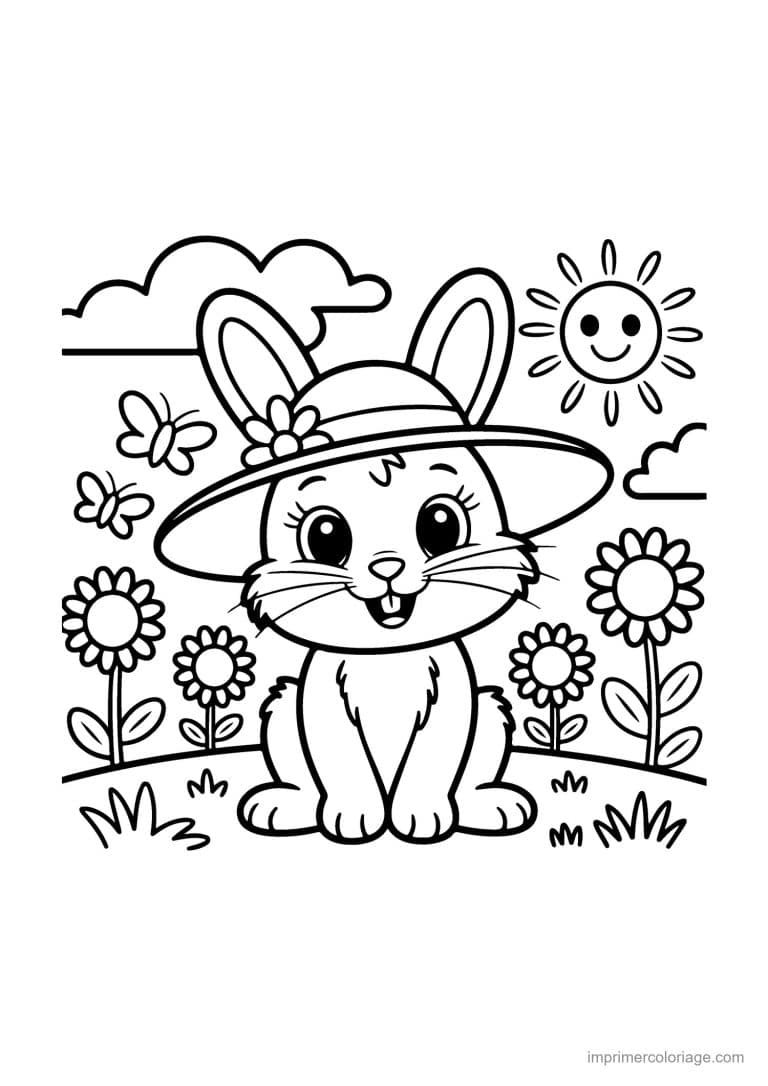 coloriage ete lapin chapeau soleil - dessin gratuit &agrave; imprimer