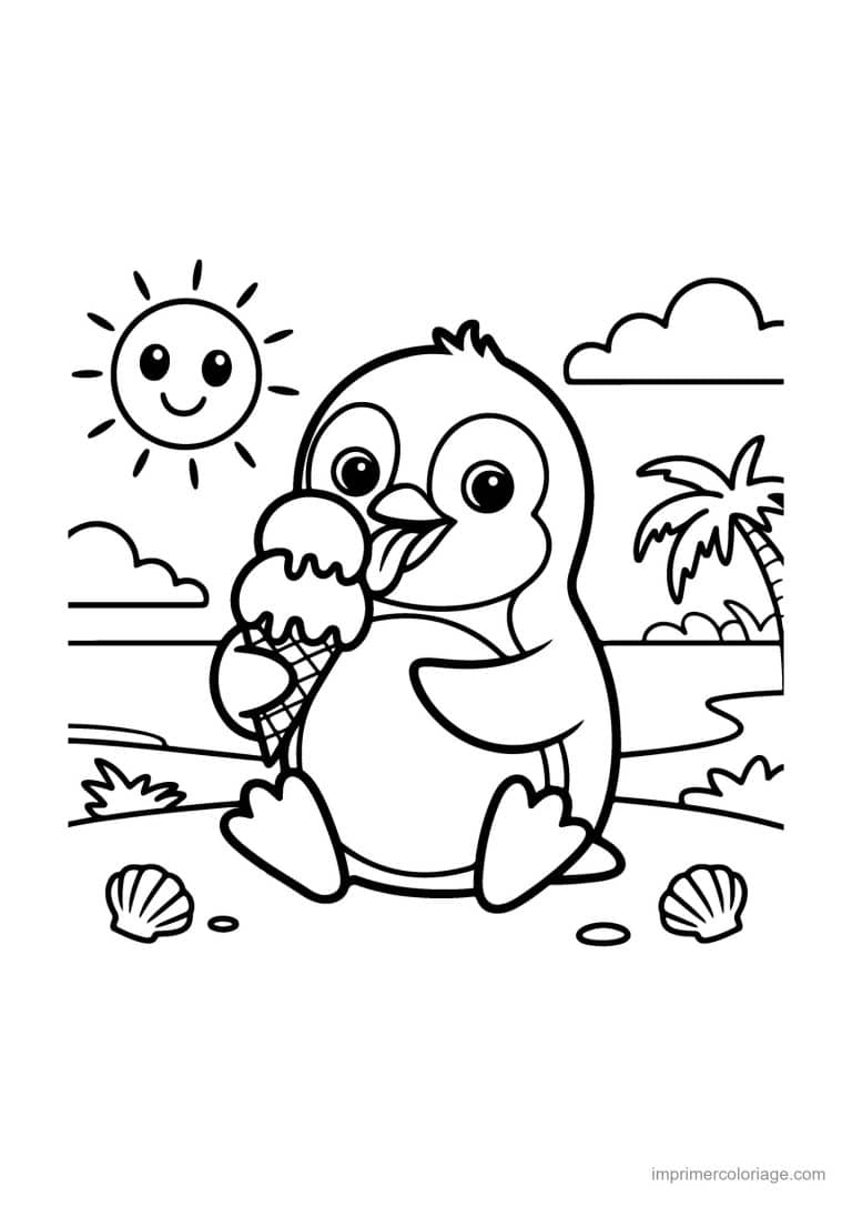 coloriage ete pingouin glace plage - dessin gratuit &agrave; imprimer