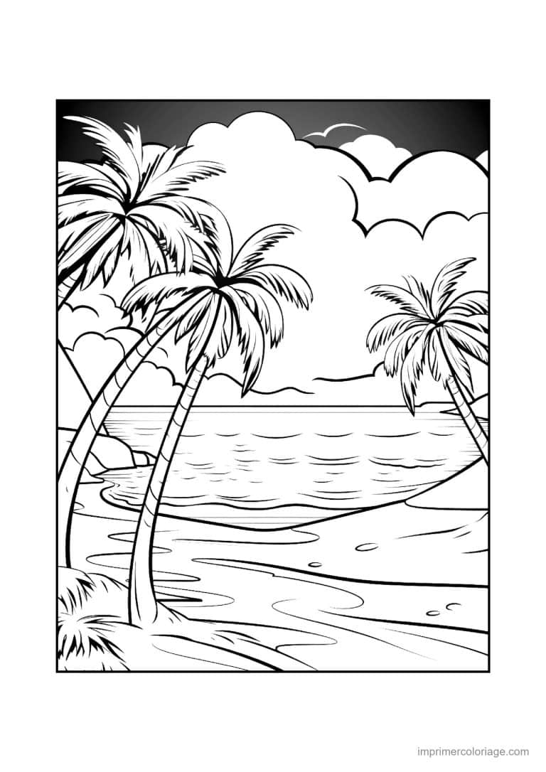 coloriage ete plage palmiers - dessin gratuit &agrave; imprimer