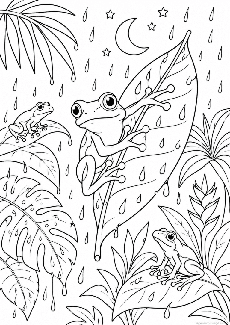 coloriage grenouille arbre pluie nuit tropicale - dessin gratuit &agrave; imprimer