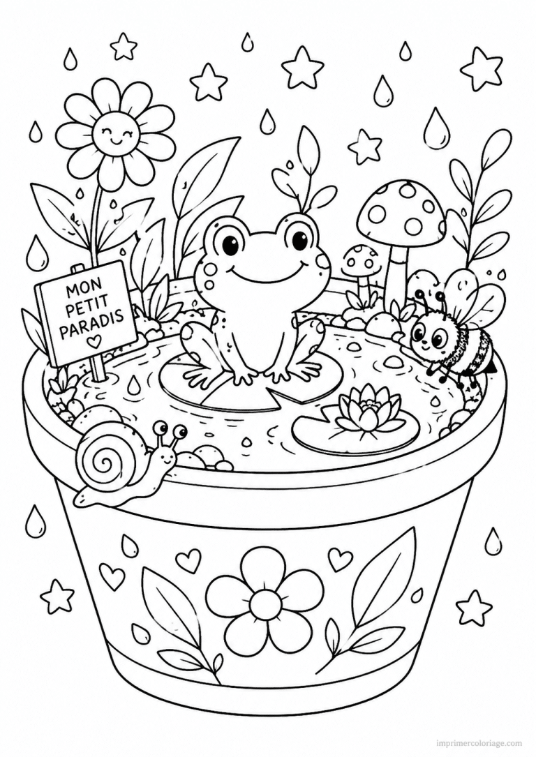 coloriage grenouille cute pot fleur abeille - dessin gratuit &agrave; imprimer