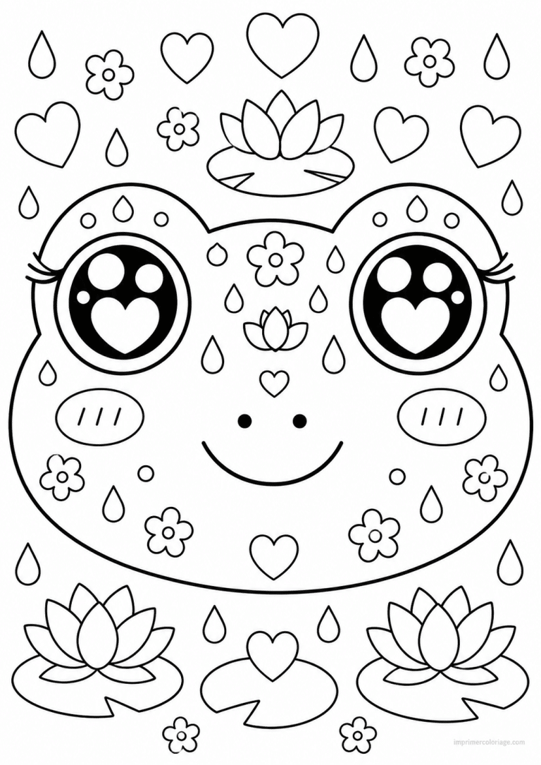 coloriage grenouille kawaii visage fleurs - dessin gratuit &agrave; imprimer