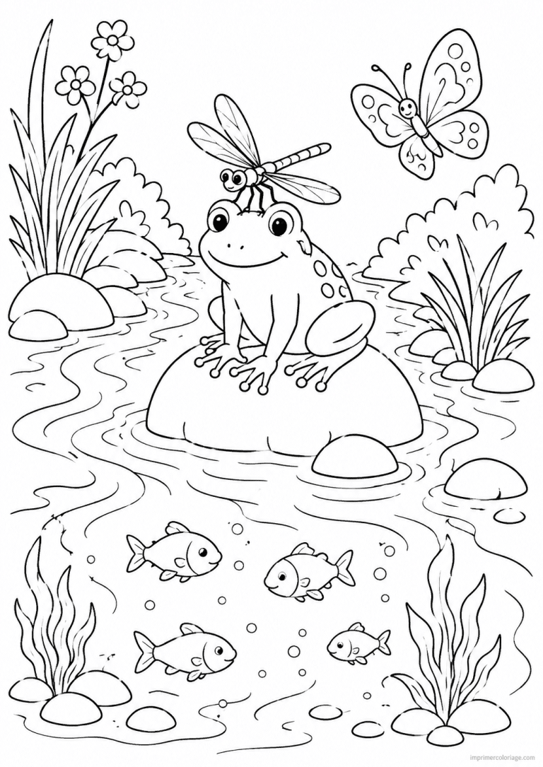 coloriage grenouille pierre ruisseau libellule - dessin gratuit &agrave; imprimer