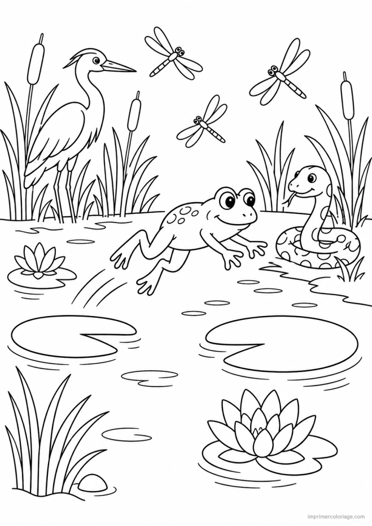 coloriage grenouille saute nenuphars heron - dessin gratuit &agrave; imprimer