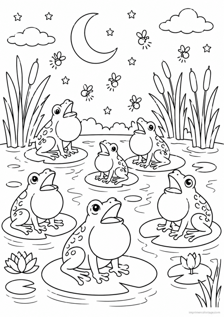 coloriage grenouilles chant nuit lune lucioles - dessin gratuit &agrave; imprimer