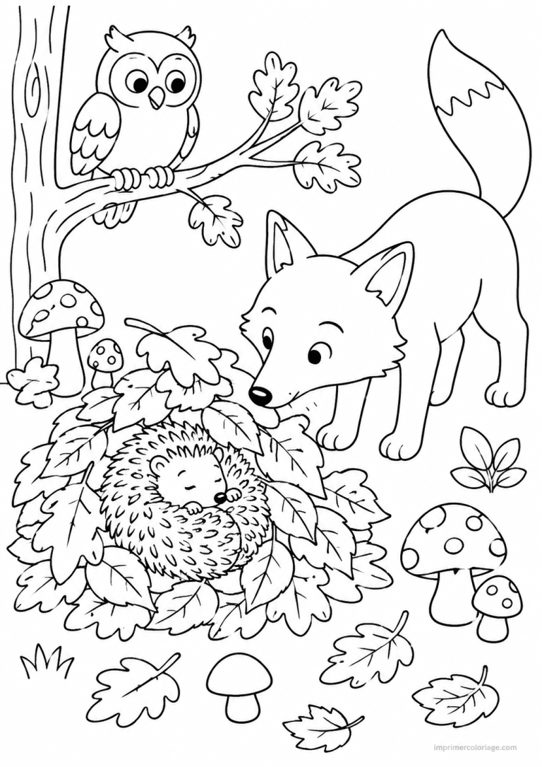 coloriage herisson renard feuilles champignons à imprimer coloriage herisson renard feuilles champignons - dessin gratuit à imprimer