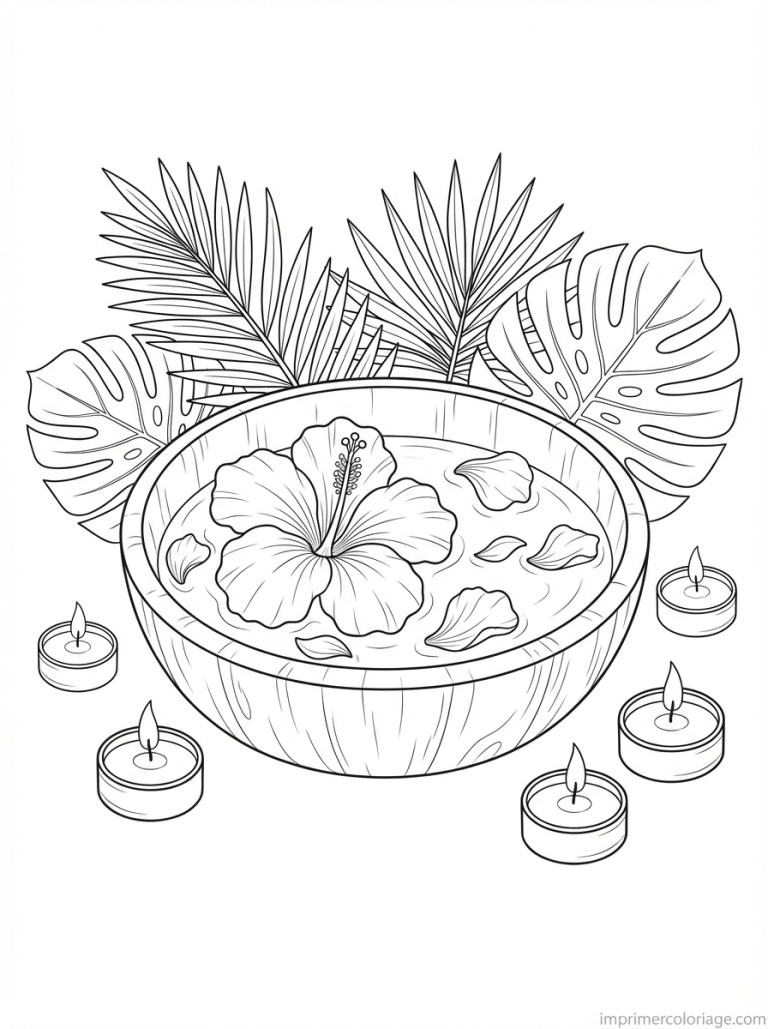 coloriage hibiscus bol eau bougies - dessin gratuit &agrave; imprimer