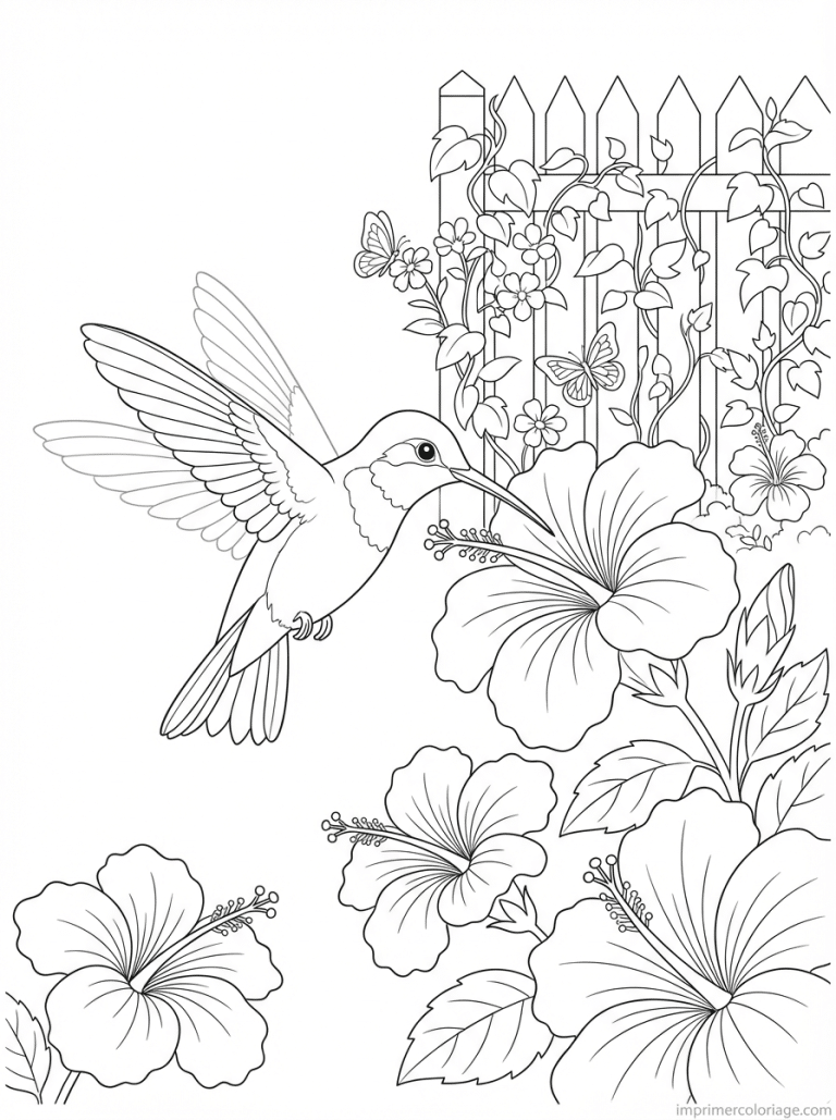 coloriage hibiscus colibri nectar jardin - dessin gratuit &agrave; imprimer