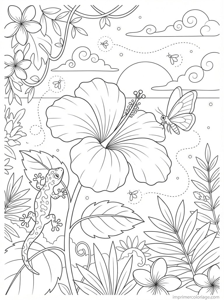 coloriage hibiscus coucher gecko lucioles - dessin gratuit &agrave; imprimer