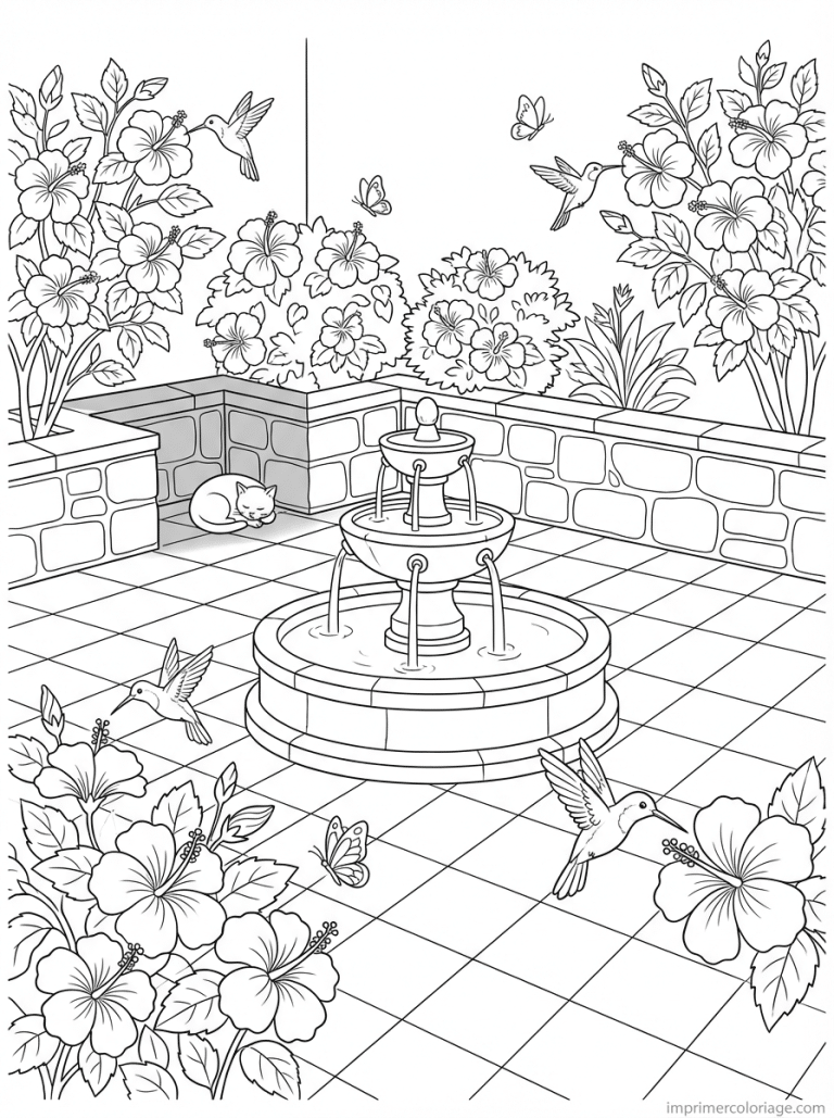 coloriage hibiscus cour fontaine chat - dessin gratuit &agrave; imprimer