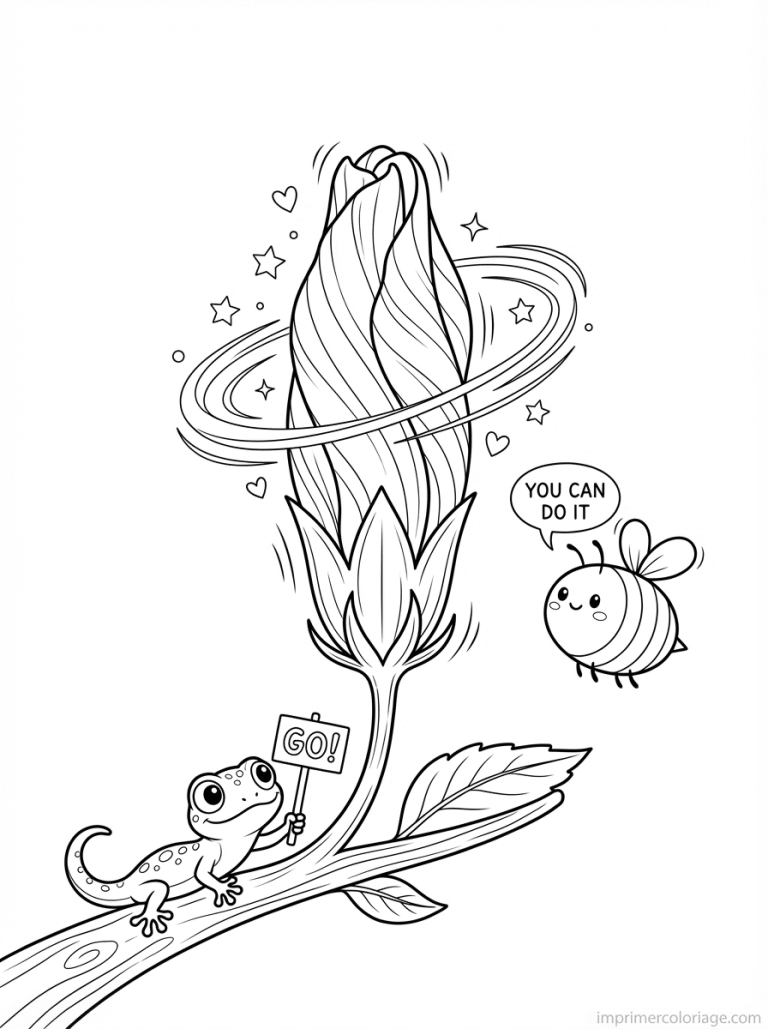 coloriage hibiscus cute bouton gecko - dessin gratuit &agrave; imprimer