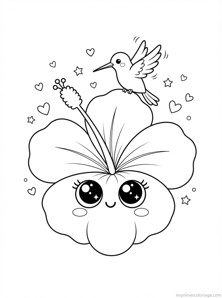 coloriage hibiscus cute visage colibri - dessin gratuit &agrave; imprimer