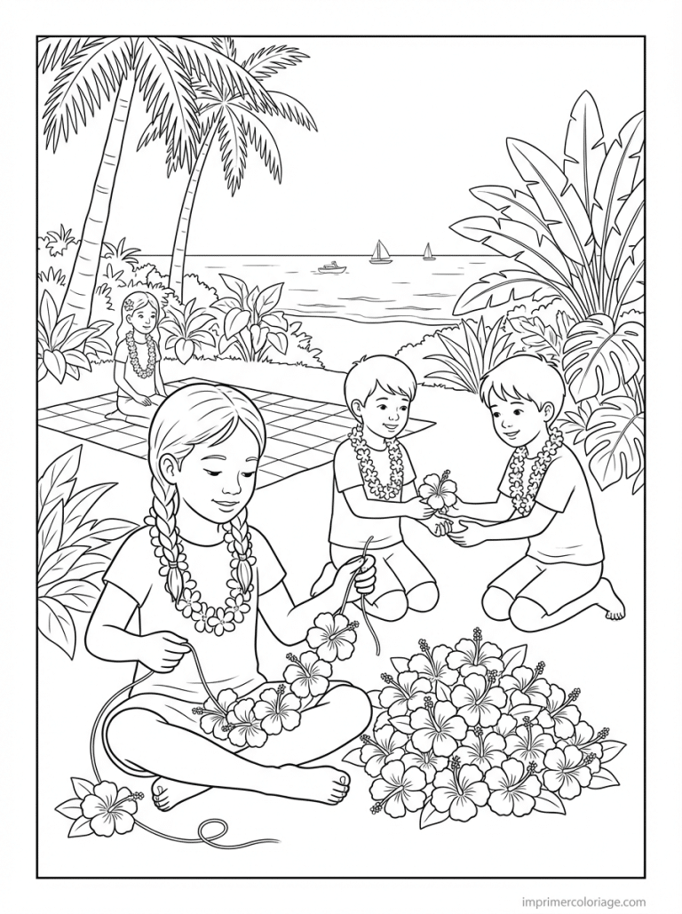 coloriage hibiscus enfants lei plage - dessin gratuit &agrave; imprimer