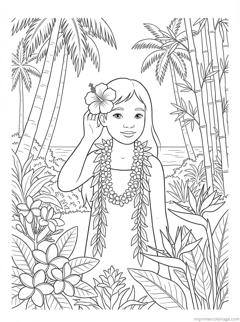 coloriage hibiscus hawaii fille lei - dessin gratuit &agrave; imprimer