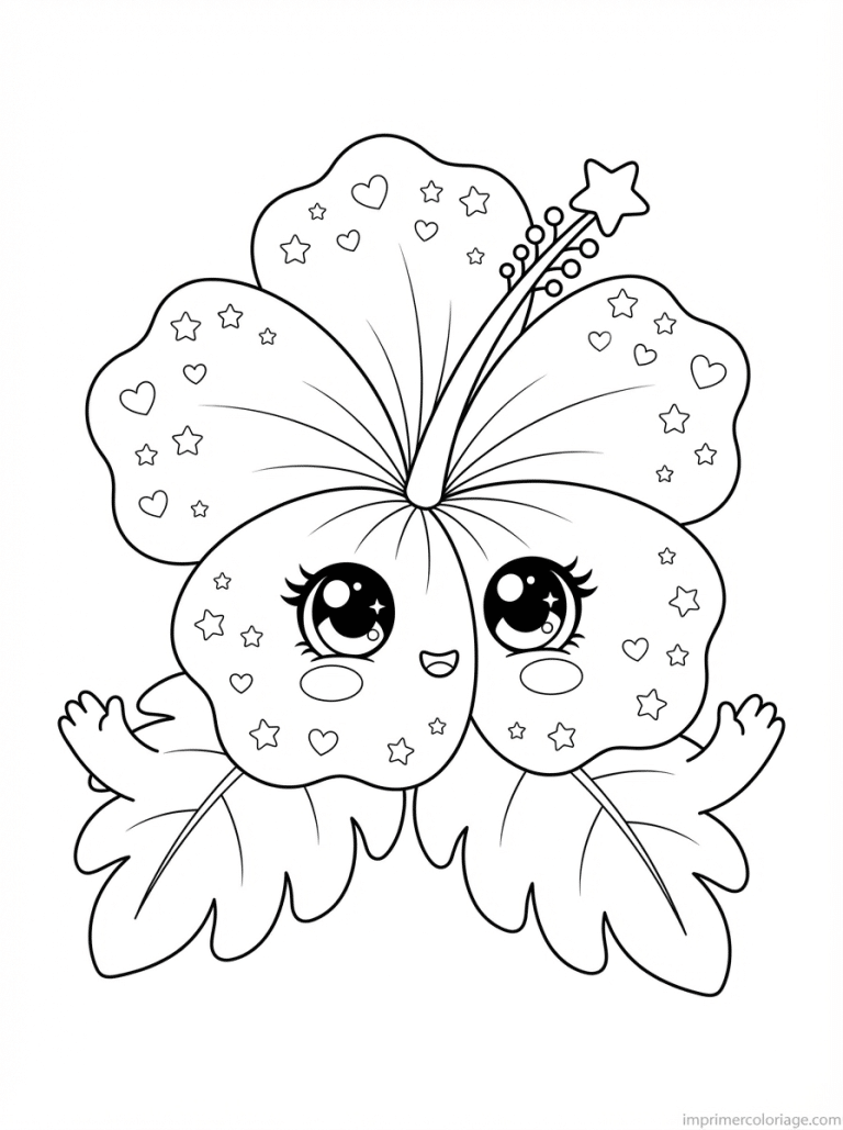 coloriage hibiscus kawaii petales coeurs - dessin gratuit &agrave; imprimer