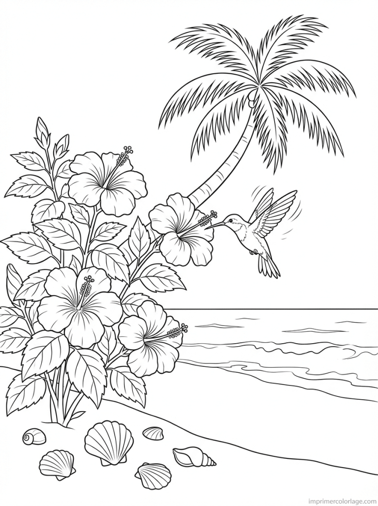coloriage hibiscus plage palmier colibri - dessin gratuit &agrave; imprimer