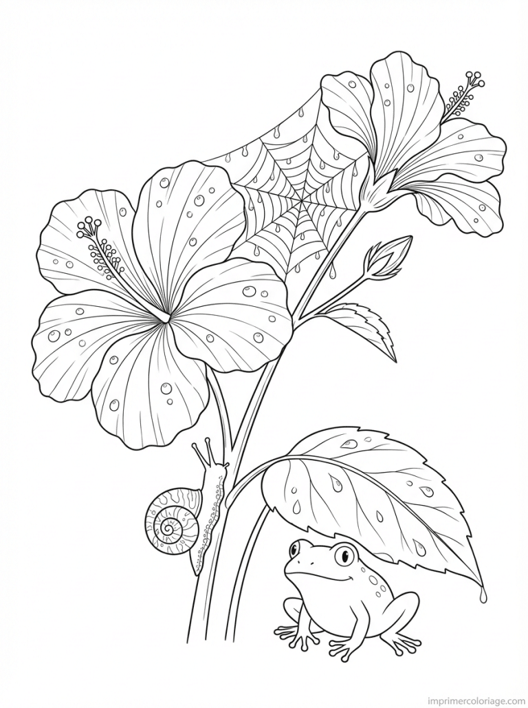 coloriage hibiscus pluie grenouille toile - dessin gratuit &agrave; imprimer