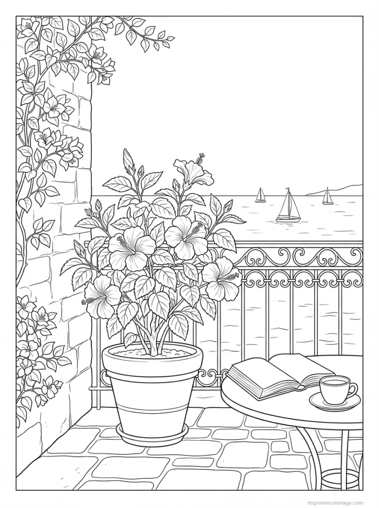 coloriage hibiscus terrasse mer bougainvillee - dessin gratuit &agrave; imprimer