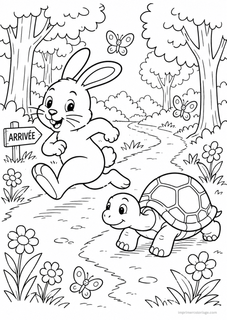 coloriage lapin animaux tortue course - dessin gratuit &agrave; imprimer