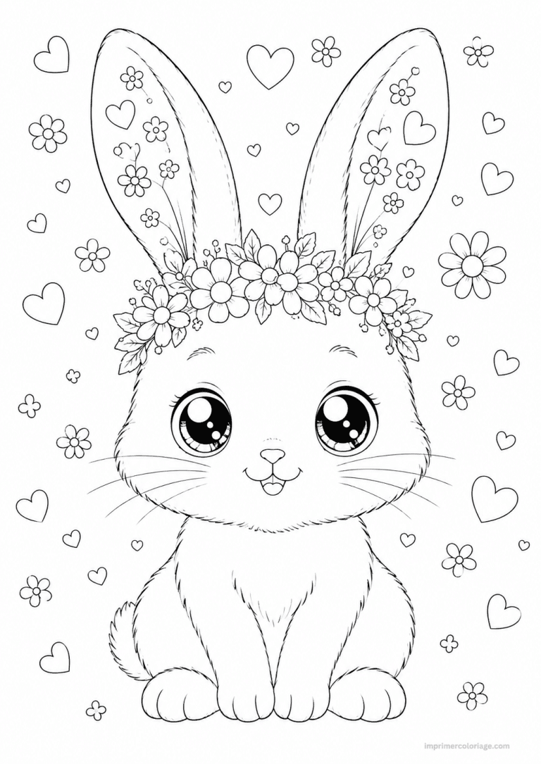 coloriage lapin cute couronne fleurs - dessin gratuit &agrave; imprimer