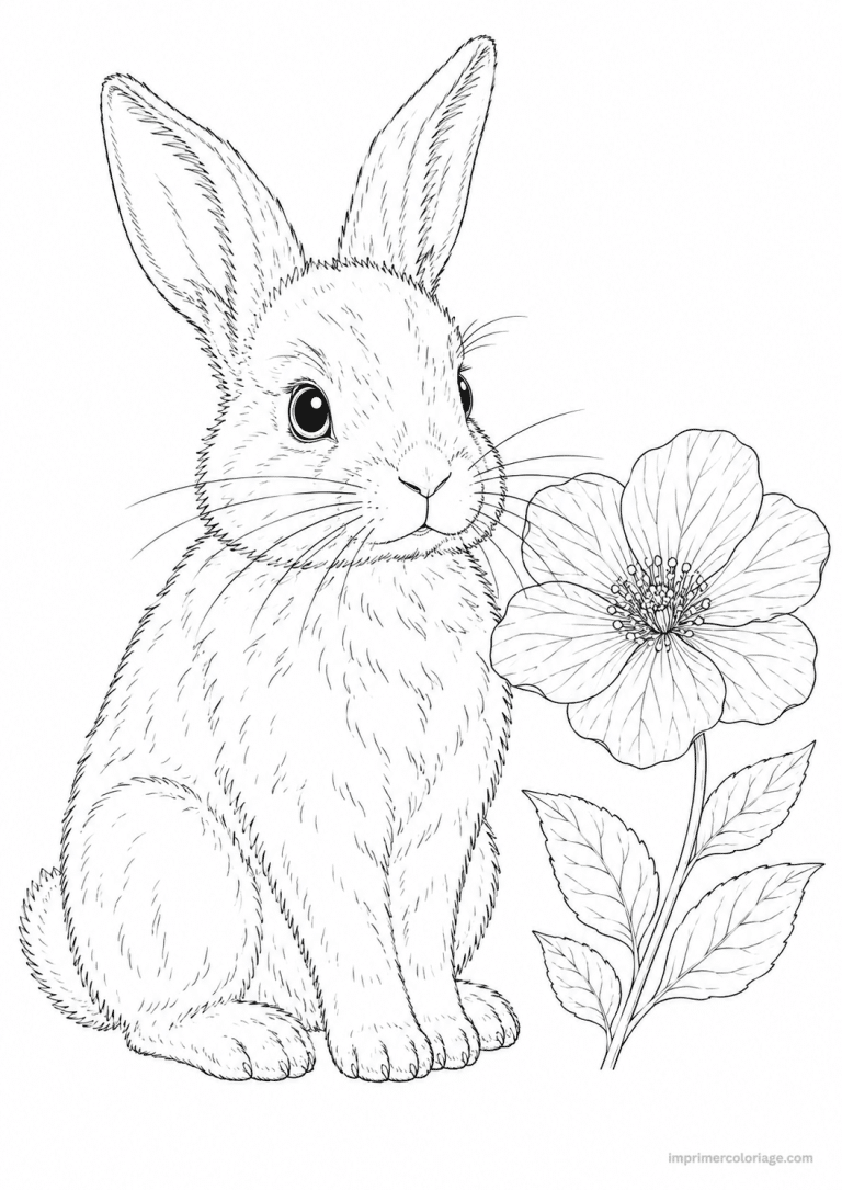coloriage lapin fins assis fleur - dessin gratuit &agrave; imprimer