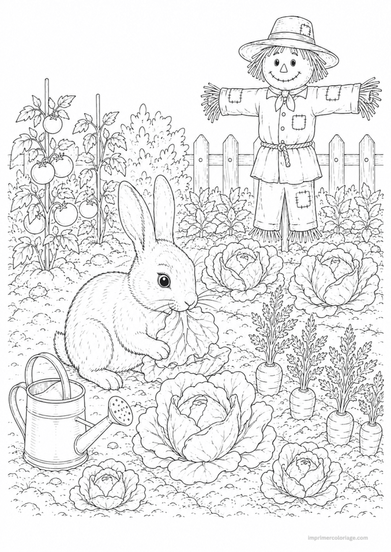 coloriage lapin scene potager epouvantail - dessin gratuit &agrave; imprimer
