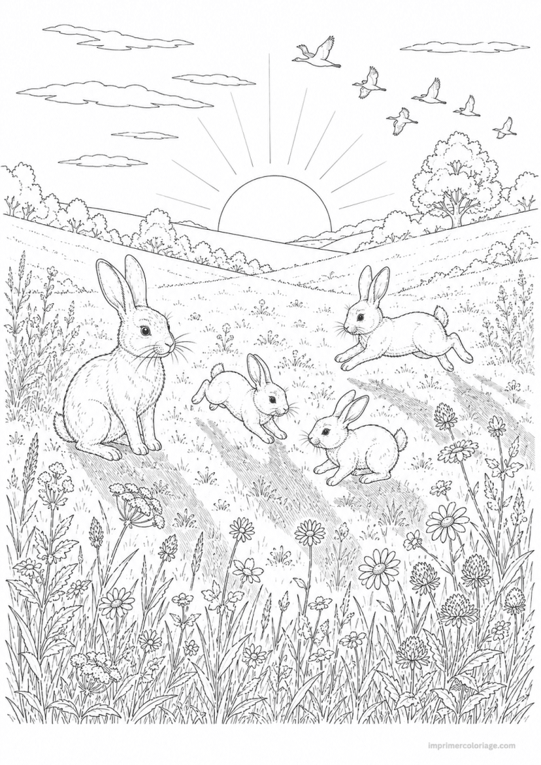 coloriage lapin scene prairie lapins oiseaux - dessin gratuit &agrave; imprimer