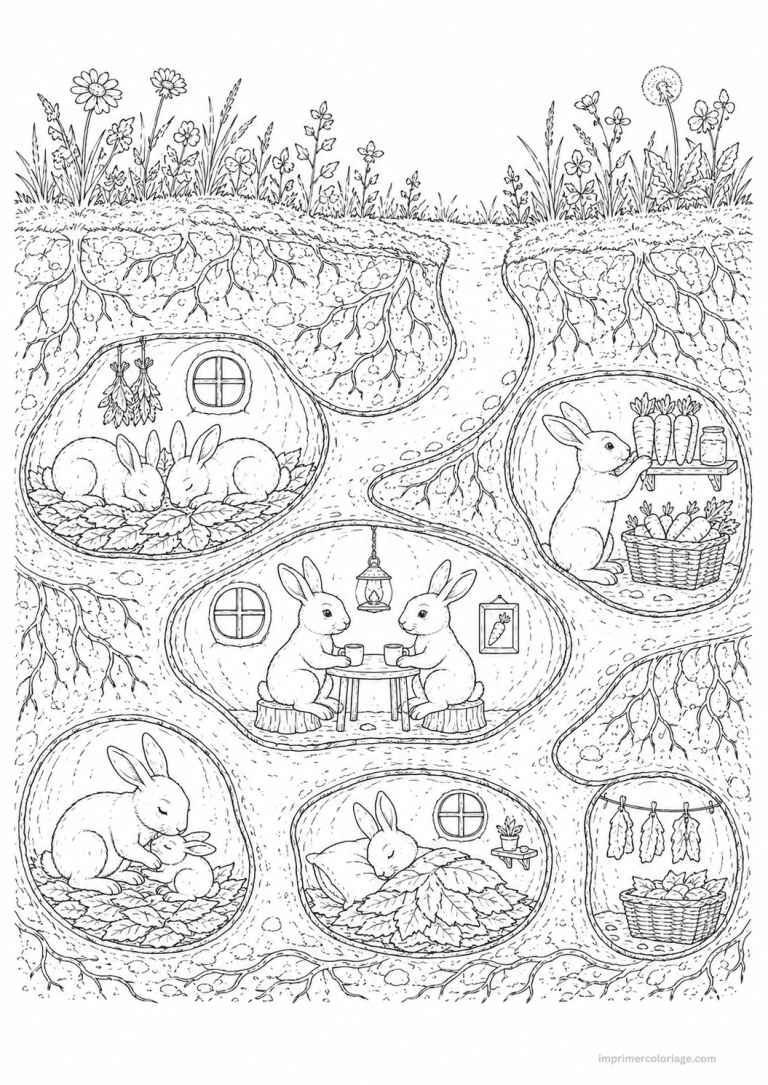 coloriage lapin scene terrier coupe - dessin gratuit &agrave; imprimer