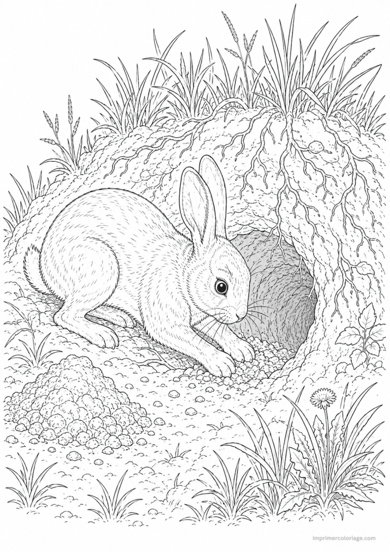 coloriage lapin scene terrier creuse - dessin gratuit &agrave; imprimer