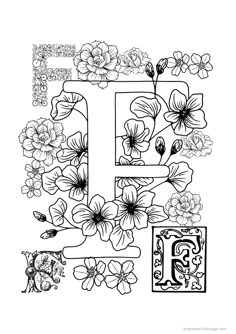 coloriage lettre f fleurs realistes - dessin gratuit &agrave; imprimer