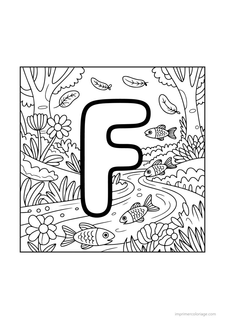 coloriage lettre f scene illustree - dessin gratuit &agrave; imprimer
