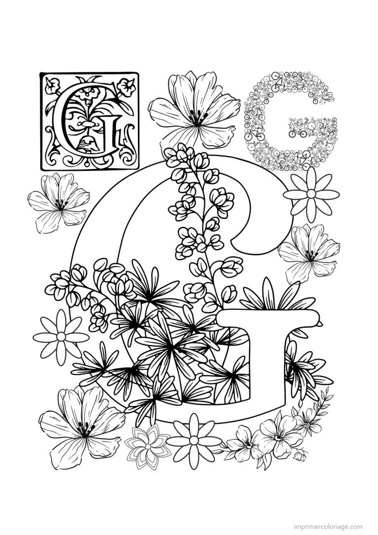 coloriage lettre g fleurs realistes - dessin gratuit &agrave; imprimer