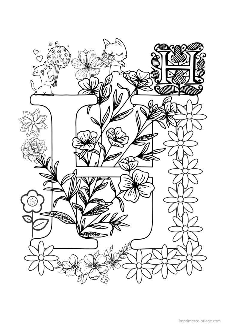 coloriage lettre h fleurs realistes - dessin gratuit &agrave; imprimer