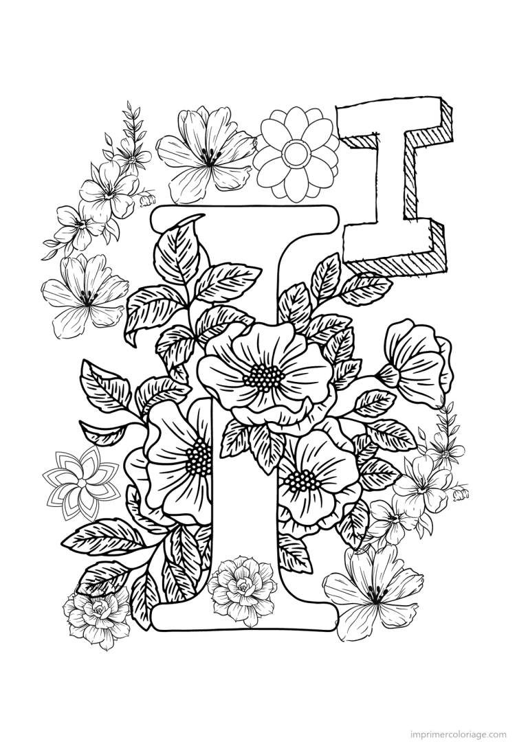 coloriage lettre i fleurs realistes - dessin gratuit &agrave; imprimer