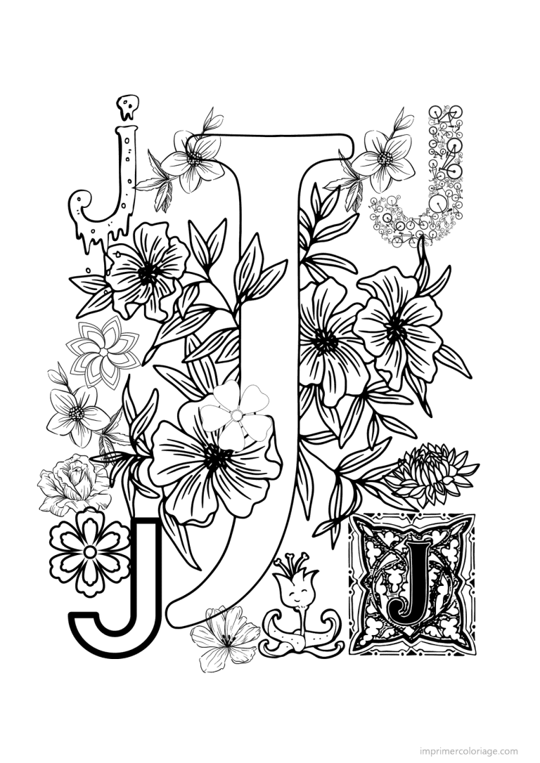 coloriage lettre j fleurs realistes - dessin gratuit &agrave; imprimer