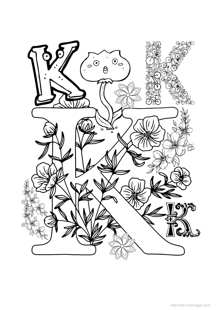 coloriage lettre k fleurs realistes - dessin gratuit &agrave; imprimer