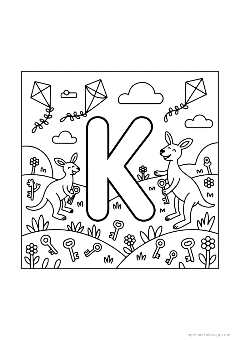 coloriage lettre k scene illustree - dessin gratuit &agrave; imprimer