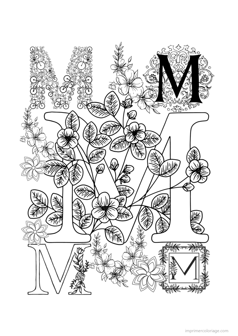 coloriage lettre m fleurs realistes - dessin gratuit &agrave; imprimer