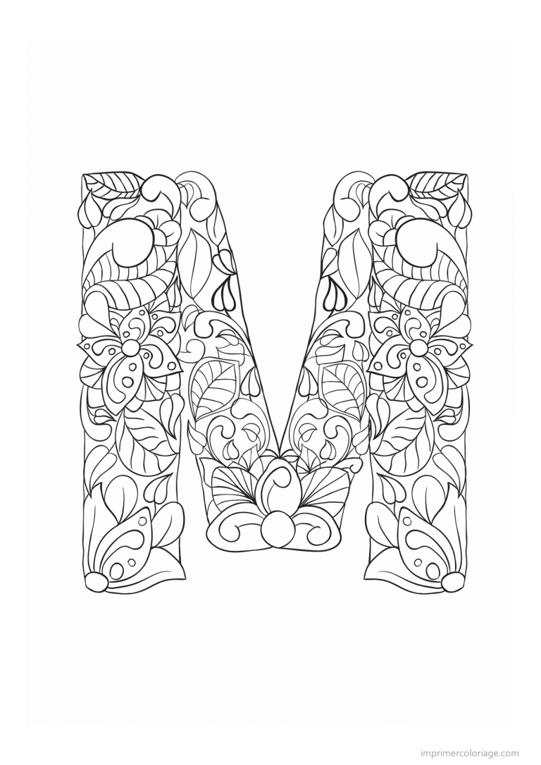 coloriage lettre m fleurs zen - dessin gratuit &agrave; imprimer
