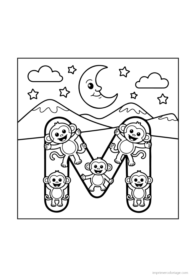 coloriage lettre m scene illustree - dessin gratuit &agrave; imprimer