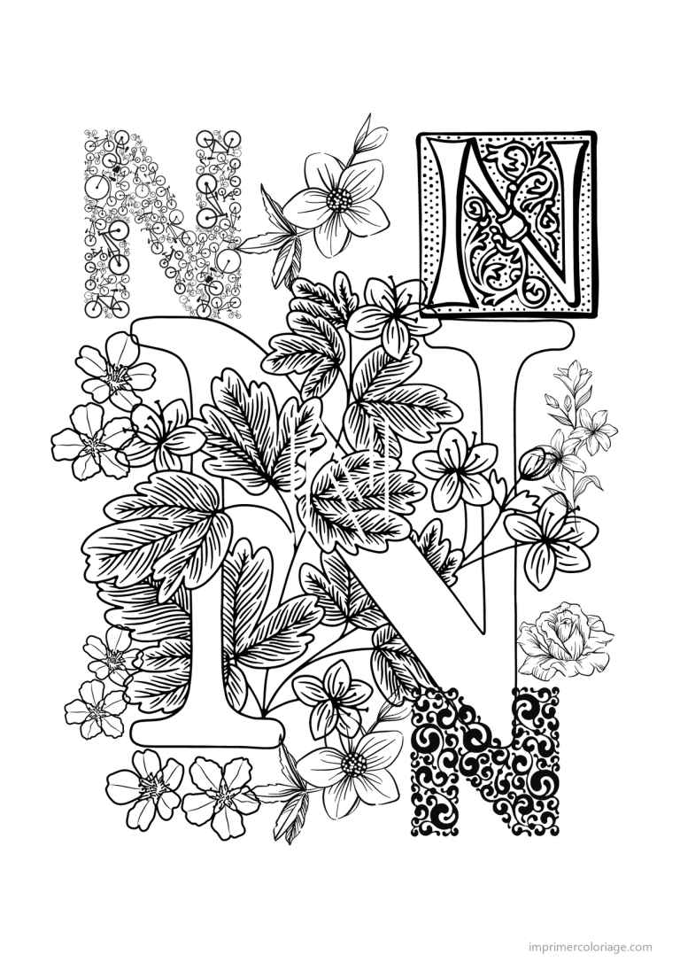 coloriage lettre n fleurs realistes - dessin gratuit &agrave; imprimer