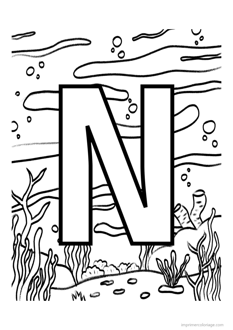 coloriage lettre n fond marin - dessin gratuit &agrave; imprimer
