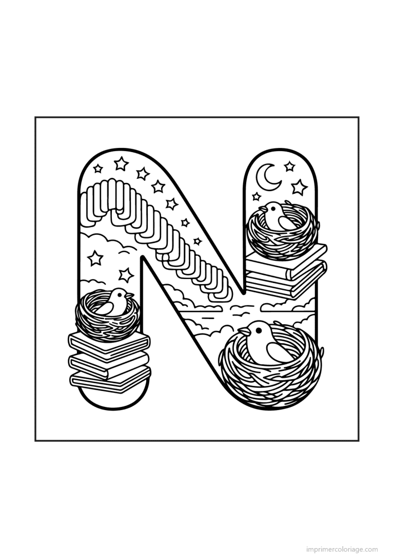 coloriage lettre n objets animaux - dessin gratuit &agrave; imprimer